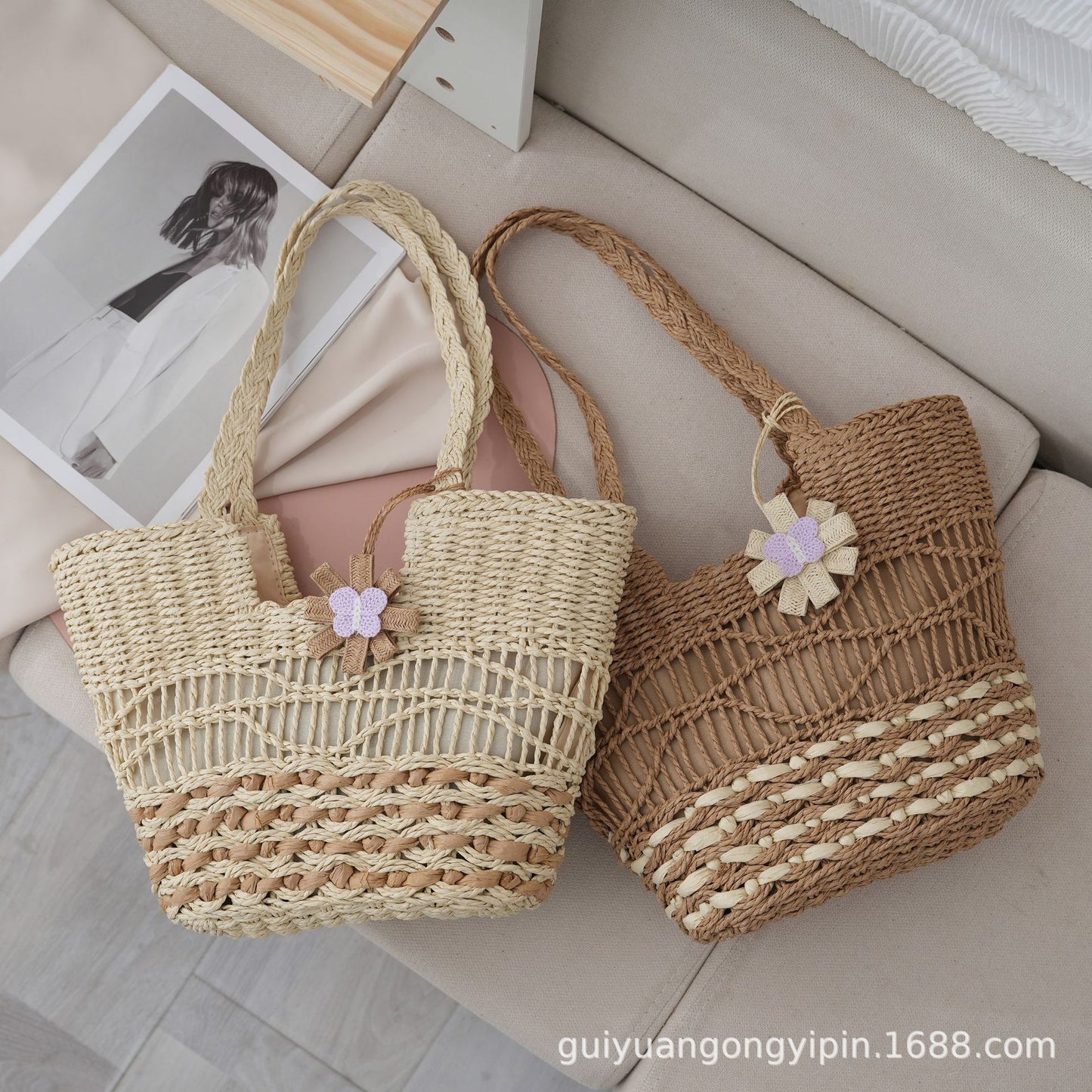 VLOVELAW Woven Straw Shoulder Bag Versatile Large Capacity Tote Bag with Lining Hollow HAILANG Corrugated Summer Beach Women's Bag