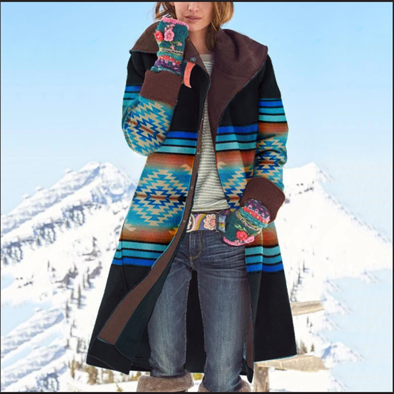 autumn and winter new Popular trade women's clothing medium and long printed top long sleeve dragon and phoenix woolen coat