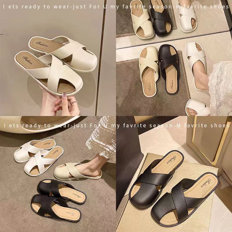VLOVELAW Hollowed Toe Box Half Slippers Women's Summer Korean Style Flat Soft Bottom round Head Loafer Women's Shoes Outdoor Slippers Women's