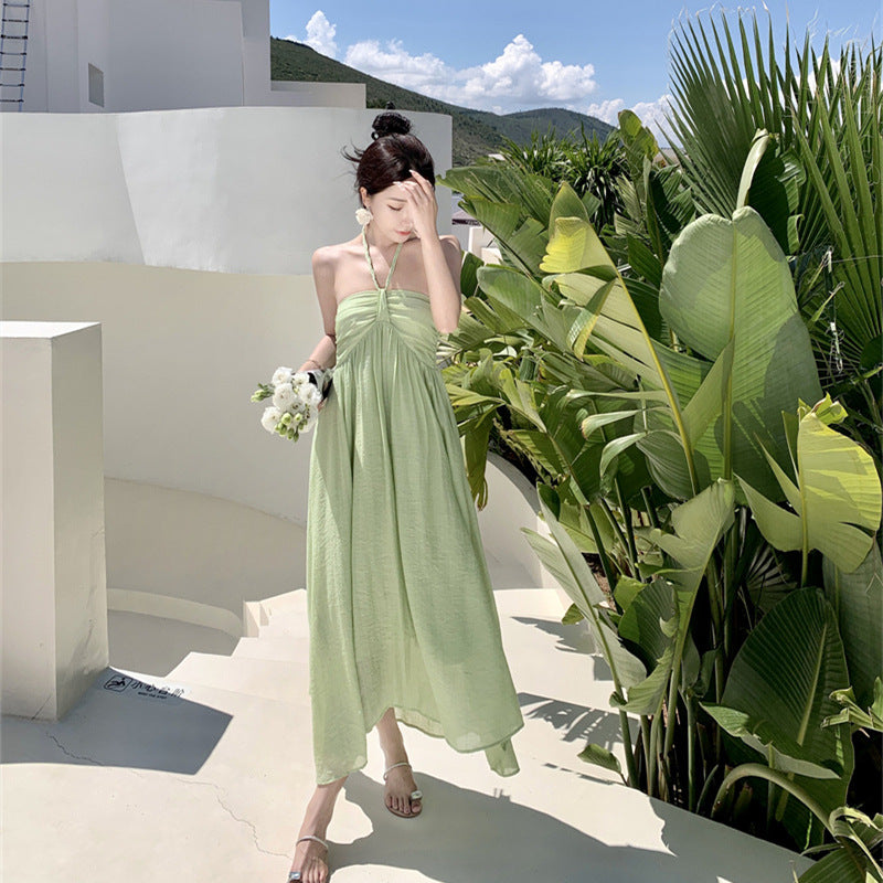 2025 super fairy seaside vacation dress summer green white neck dress women's small sleeveless suspender skirt