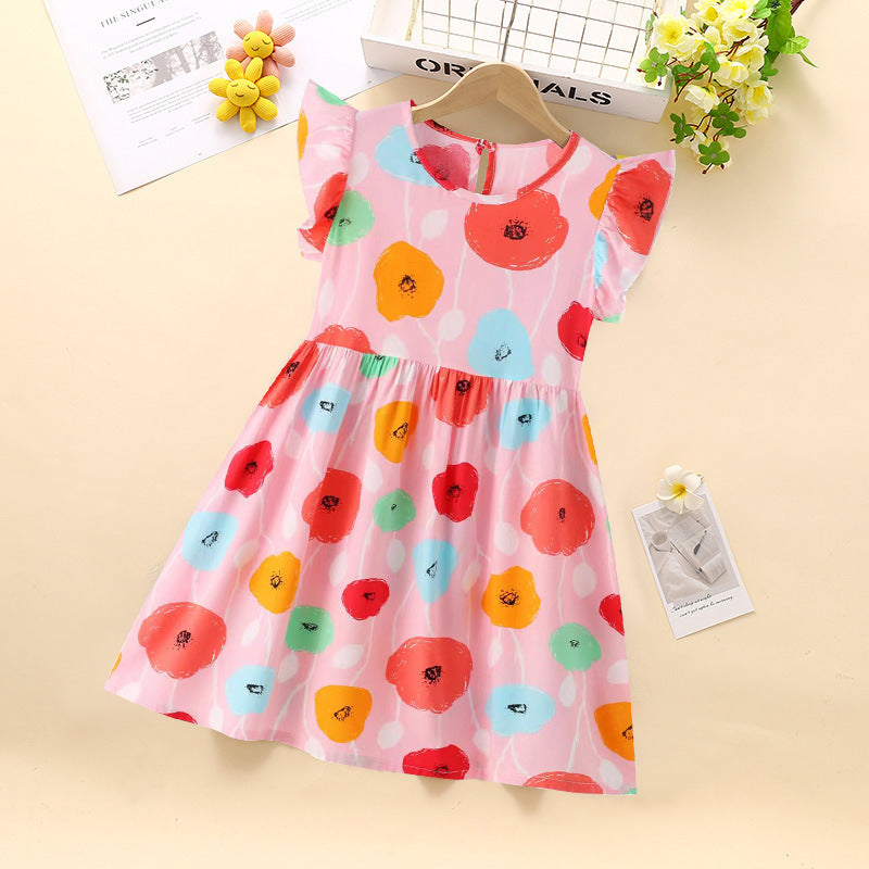 VLOVELAW Girls Dress Kids' Skirt Summer Baby Cotton Silk Floral Skirt Baby Girl Short Sleeve Princess Dress Clothes Children's Clothing