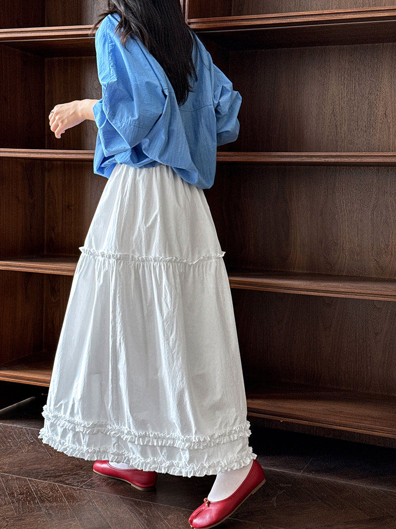 Luxi, splicing fungus edge skirt women's summer new high-waisted long skirt casual umbrella skirt A-shaped cake skirt 5105