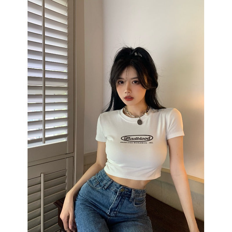 VLOVELAW Black Letter Printed Short T-shirt for Women Summer New Slim Fit Slimming Versatile Hot Girl Short Sleeve Top