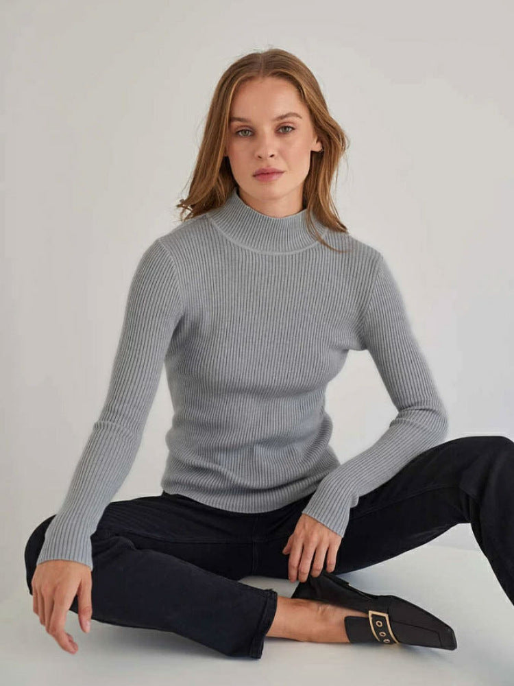 KKBOXLY Cross-border solid color semi-turtleneck sweater Europe, America and New autumn and winter women (24 colors in stock) slim-fit knitted bottoming shirt