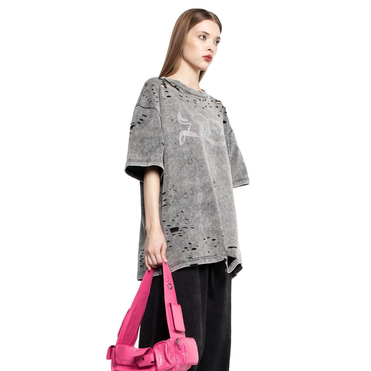 n new trendy high street round neck hot diamond washed old ripped T-shirt versatile short sleeve loose metal top