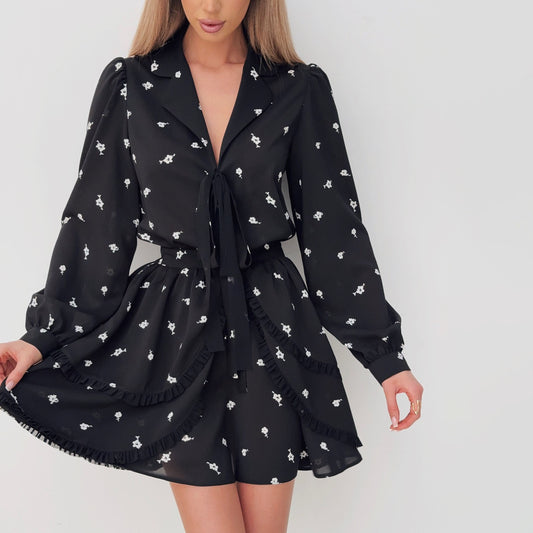 n chiffon floral fungus edge suit skirt, celebrity temperament printed lace Hepburn style waist V-neck two-piece set