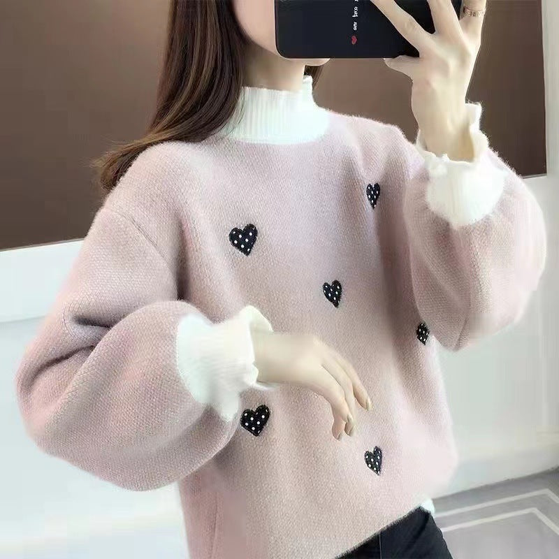 VLOVELAW New sweater women's New autumn and winter loose lazy wind semi-turtleneck pullover thickened knitted bottoming shirt top