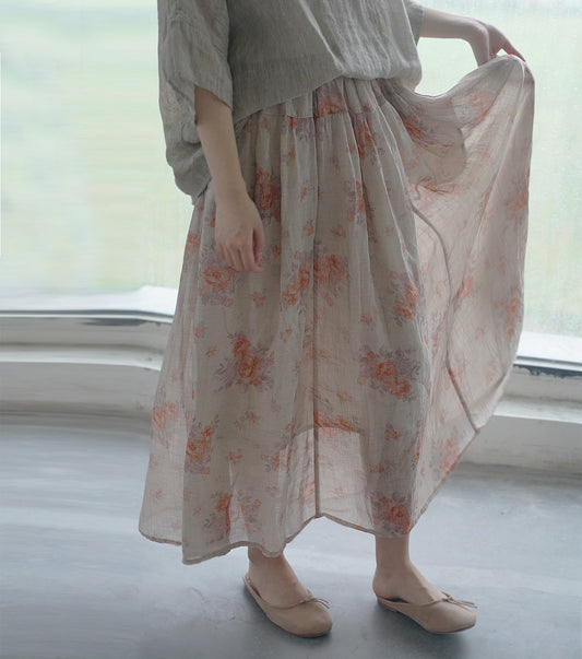 retro digital printing ramie pendulum skirt, literary double-layer elegant elastic waist dress B22228