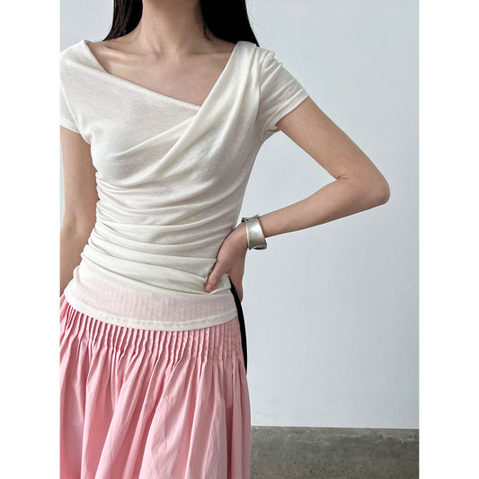 Luxi  slanted shoulder swing neck short-sleeved T-shirt women's summer silk wool soft waxy light slim slim top 2699