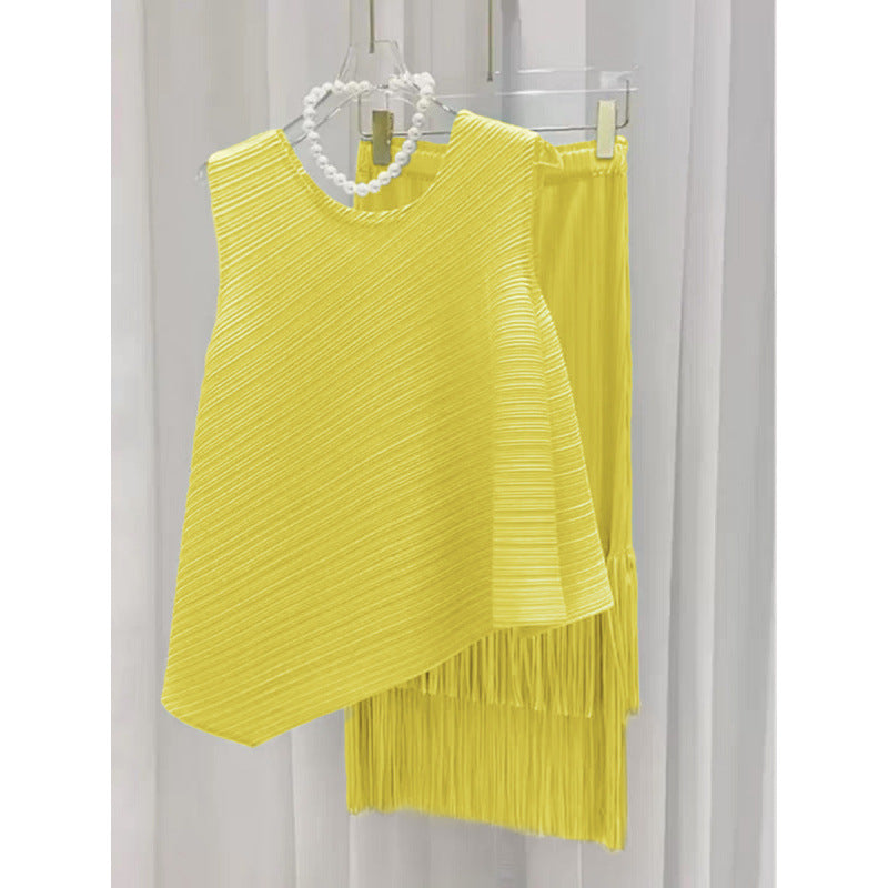 Miyake fashion pleated suit women's summer style Popular style sweet irregular vest top fringed skirt two-piece set
