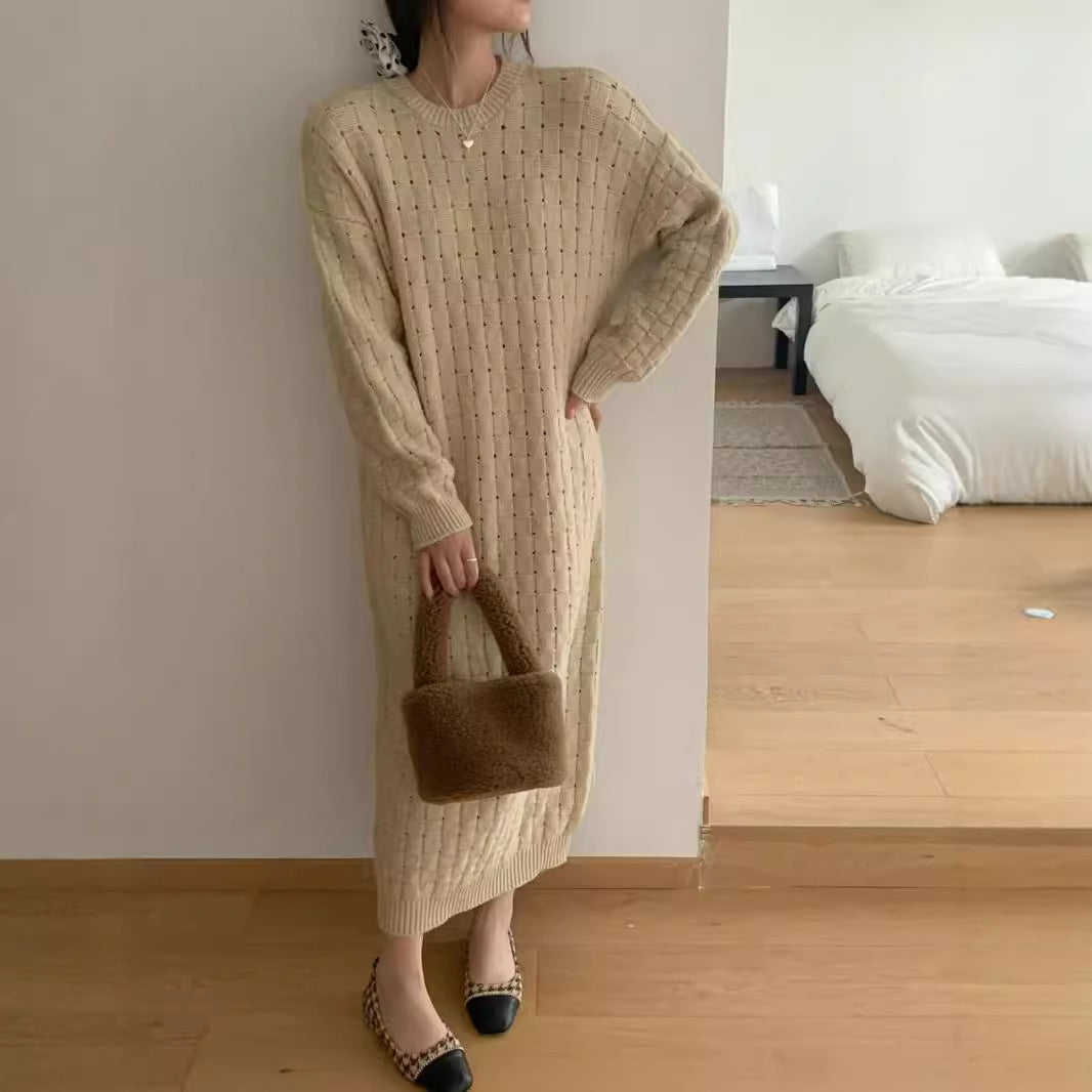 VLOVELAW Autumn and winter new knitted sweater dress women's long Korean version loose crew neck sweater skirt with bottom sweater skirt