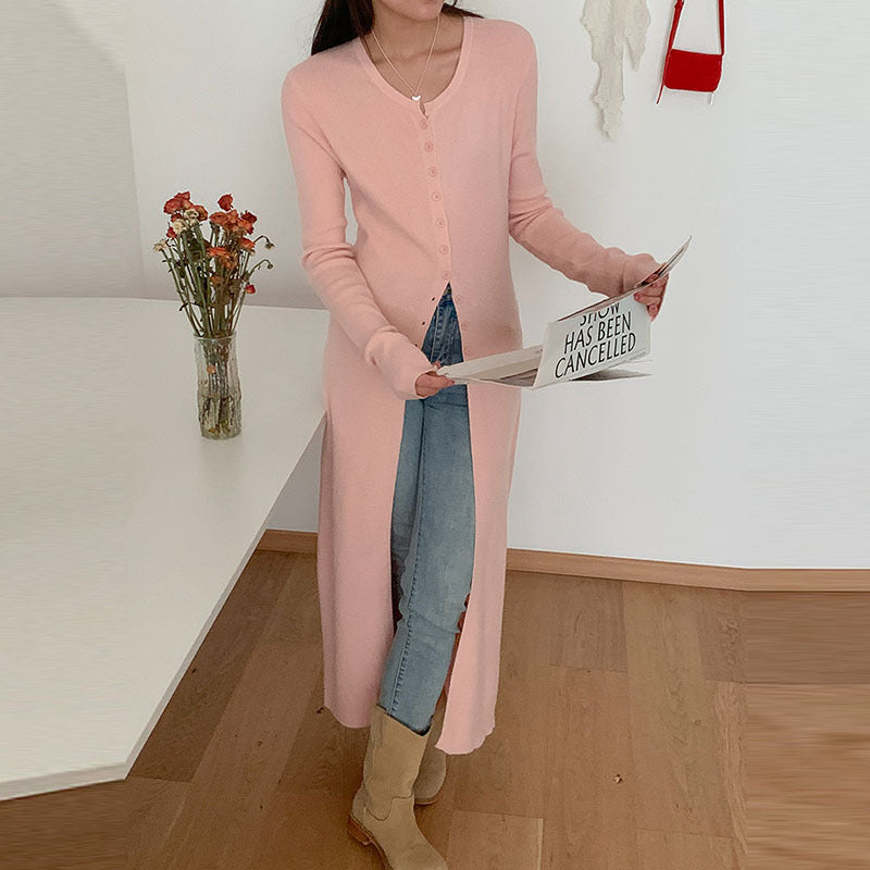 VLOVELAW Early autumn versatile solid color high split fork women's U-neck slim and thin knitted cardigan temperament long coat long sleeve top