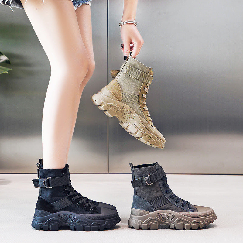 Martin Boots for Women Autumn New Three-Color Net Red Motorcycle Boots Thin Breathable Handsome Increased Trendy Ankle Boots