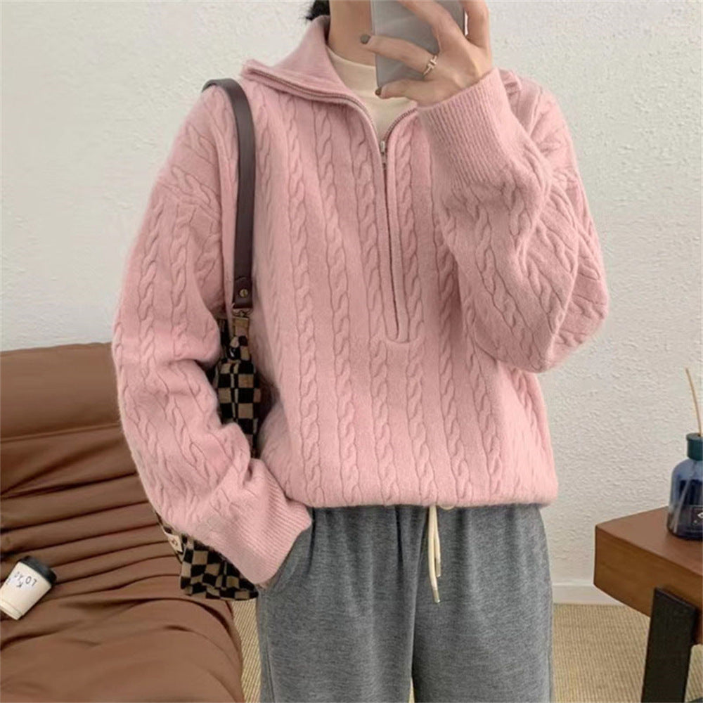 VLOVELAW Korean version New autumn and winter soft waxy knitted top women's retro twist half zipper lazy versatile short sweater jacket