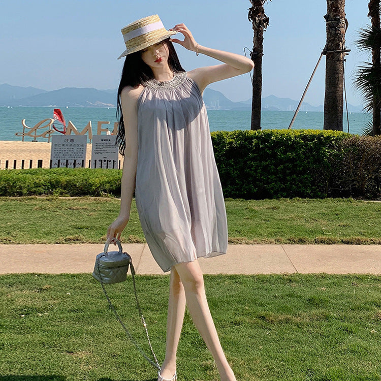 2025 2025 summer new sleeveless high-end heavy industry bead neck holiday style dress popular small dress skirt