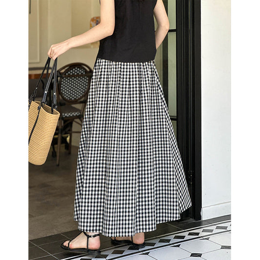 2025 Tachibana popular early autumn new black and white plaid half skirt loose and thin high waist A character temperament long skirt 1599