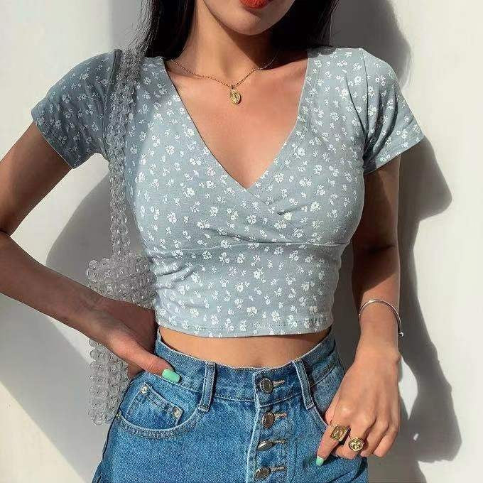 VLOVELAW New Floral Short Navel Elegant Top Women's Summer Slim Fit Slimming V-Neckline Short Sleeve Korean Style T-shirt Women's Fashion