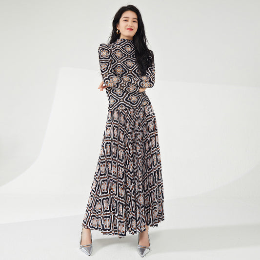 2025 suit women's high-end spring and summer new retro printing long-sleeved T-shirt top pleated skirt two-piece set