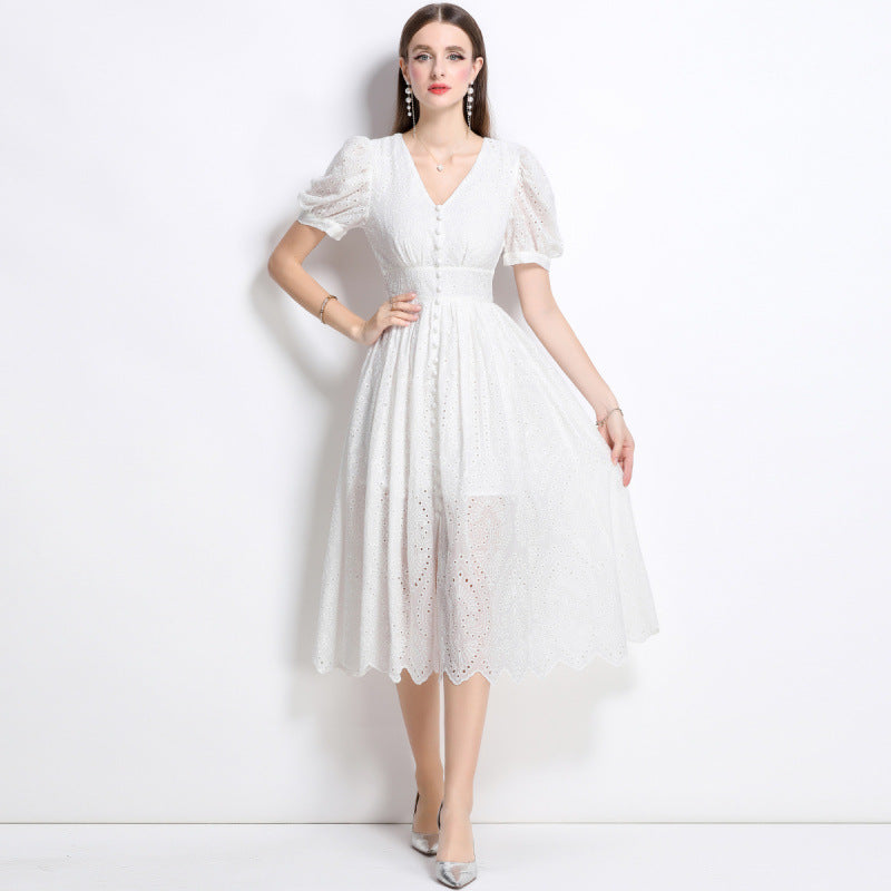 White dress female travel photo summer hollow high sense seaside vacation beach long skirt