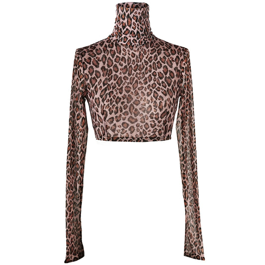 LOVEROSE original designer, leopard print mesh high-waisted turtleneck see-through T-shirt, open-navel with long-sleeved blouse