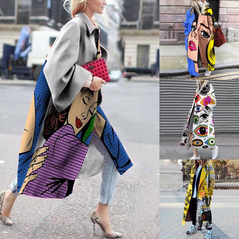 New autumn Popular trade women's clothing ebay new long-sleeved lapel jacket printed woolen coat