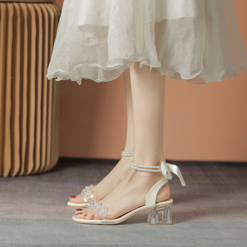 VLOVELAW Internet Hot Sandals Women Summer Mid Heel New Fashion Bowknot Pearl Crystal Heel High Heels Fairy Style