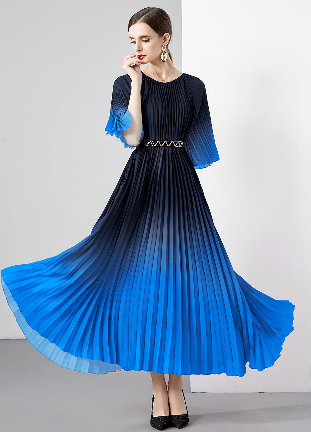 Folded dress summer long dress round neck medium sleeve gradual change lace-up design dress skirt