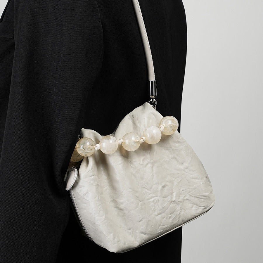 vlovelaw New Chinese Style Beads Hand Holding Dinner Bag Cloud Bag Armpit Dumpling Bag Hand Grip Pattern Top Layer Cowhide Messenger Bag