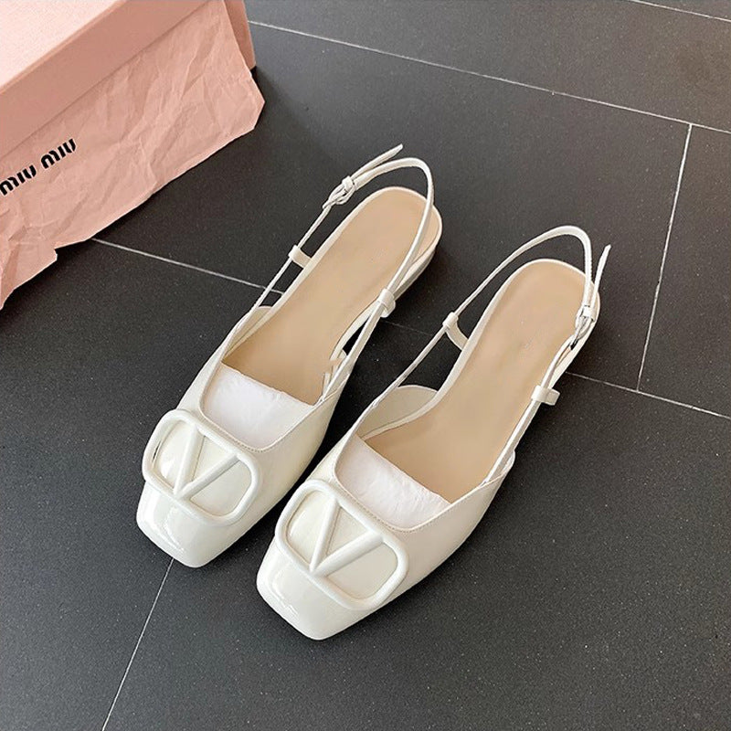 VLOVELAW Su Cojin Same Style Princess Deer ~ Square Toe V Buckle Closed Toe Back Empty Nude Pink Flat Sandals for Women Commuter Shoes 2025