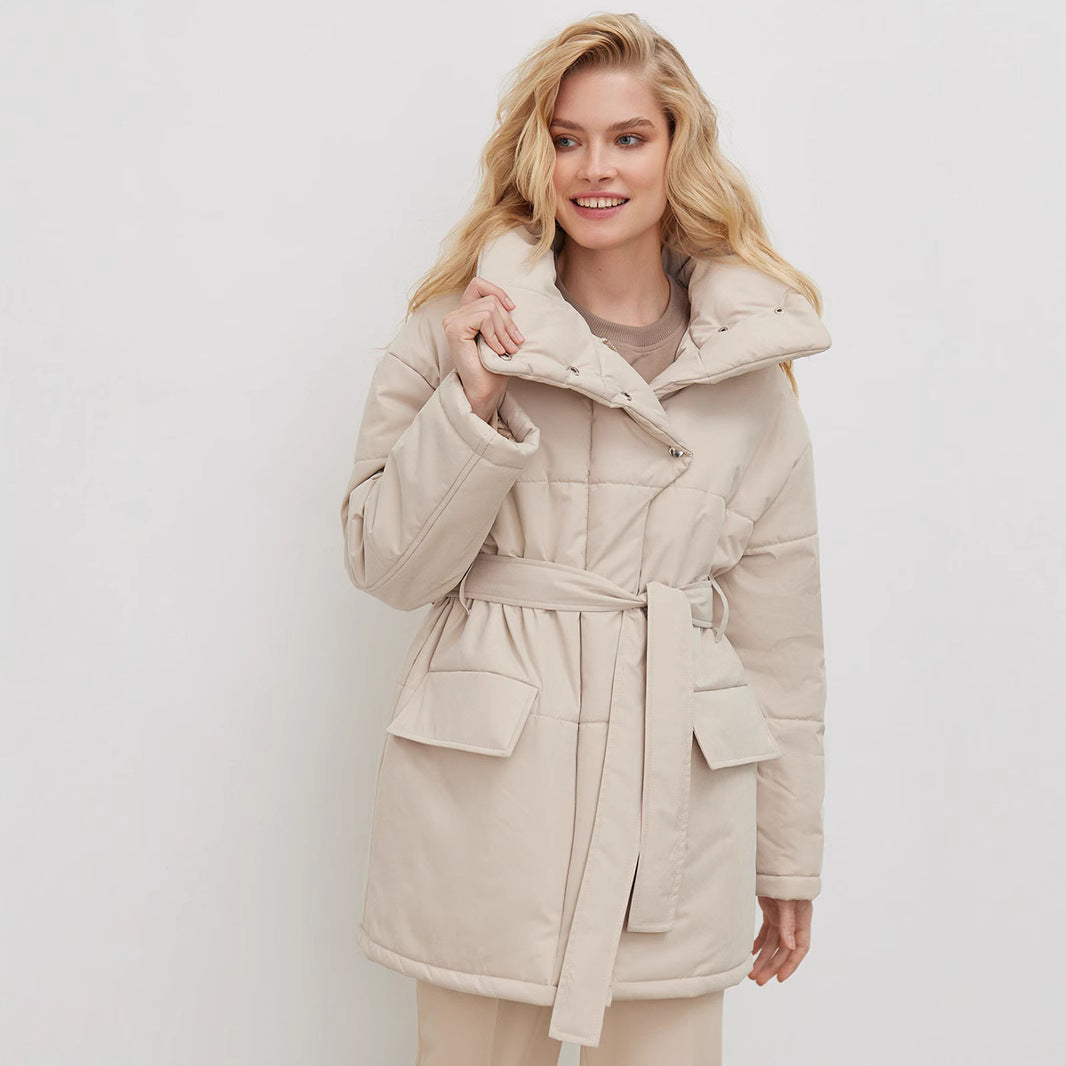 KKBOXLY Cross-border stand-up collar cotton jacket, 2025 New autumn and winter new temperament belt irregular medium and long cotton jacket