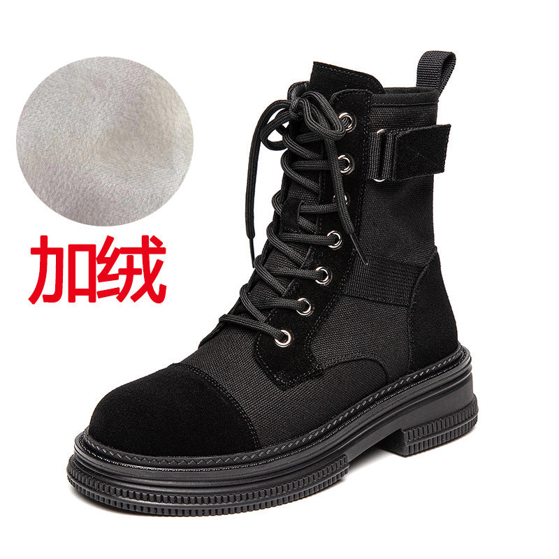 Leather Martin Boots Women's Spring New Height Increasing Insole Canvas Women's Boots Thick Bottom Side Zipper Fleece-lined Short Desert Boots
