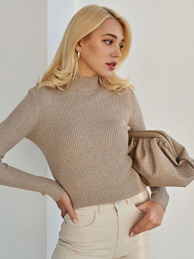 KKBOXLY Cross-border solid color semi-turtleneck sweater Europe, America and New autumn and winter women (24 colors in stock) slim-fit knitted bottoming shirt