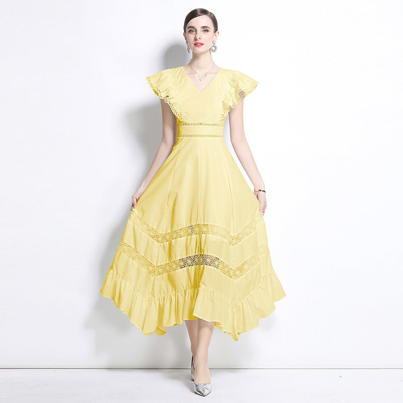 Crew neck lantern sleeve pleated waist princess style printing dress skirt mesh splicing dress spring new