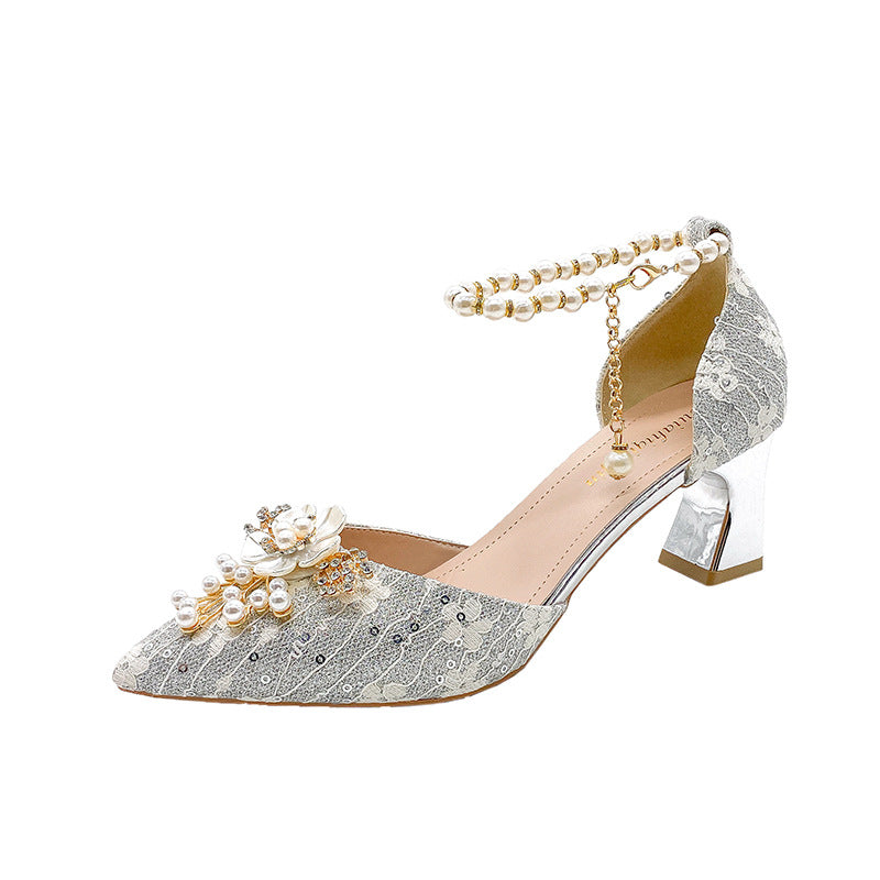 High Heel Wedding Shoes Women's Four Seasons New Lace-up Beaded Bride Toasting Xiuhe Wedding Dress Two-Way Wear Not Tired Women's Shoes
