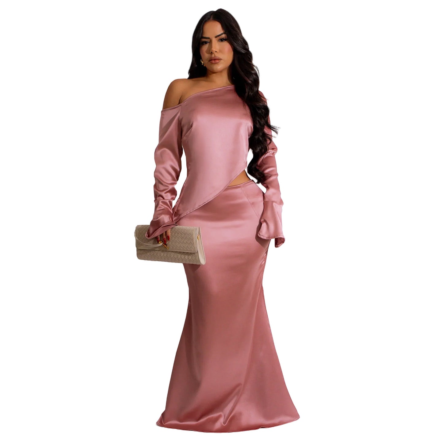 2025 C7120    Popular and  Fashion Women's Clothing Solid Color Slant Shoulder Long Sleeve Fishtail Skirt Set New