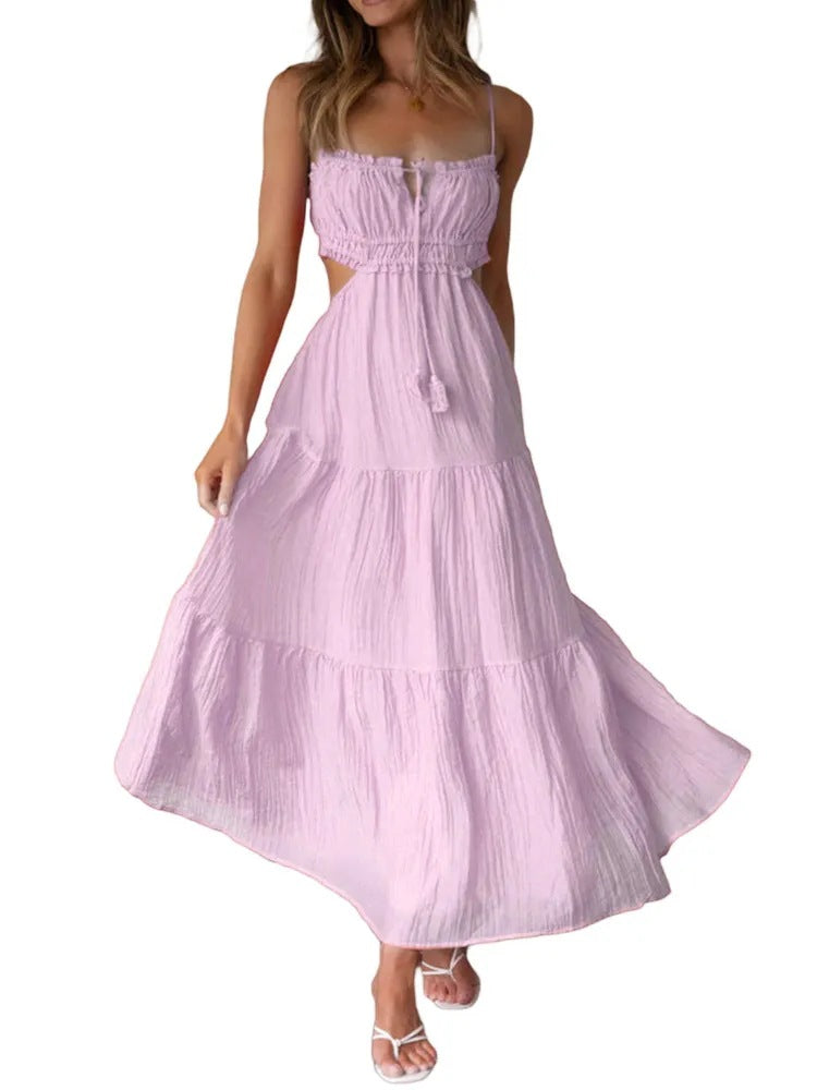 VLOVELAW Summer New Women's Cross-Border European and American Temperament Camisole Sexy Cutout Long Dress Backless Stitching Large Swing Dress