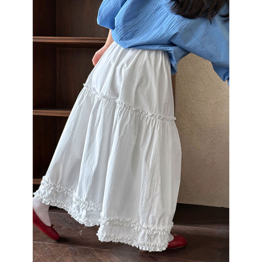 Luxi, splicing fungus edge skirt women's summer new high-waisted long skirt casual umbrella skirt A-shaped cake skirt 5105