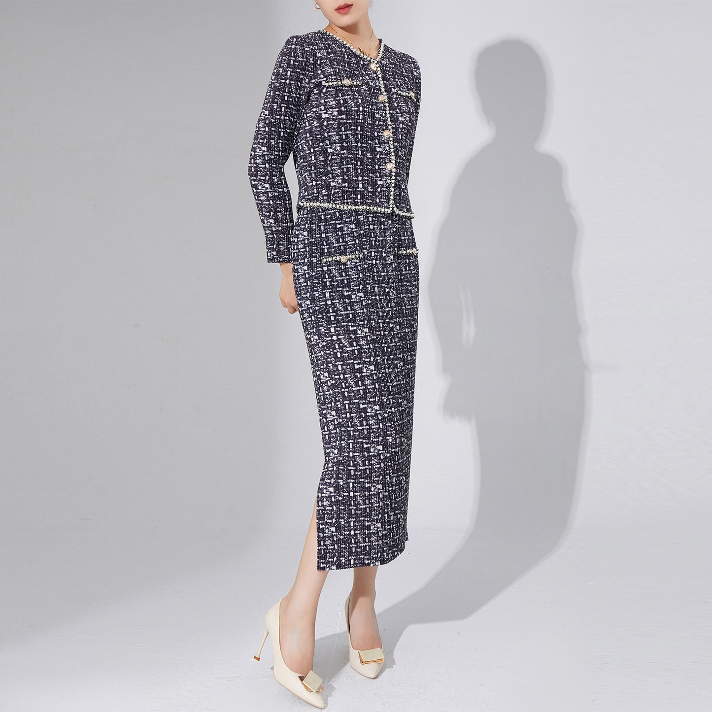 2025 High-end women's clothing Xiaoxiangfeng suit temperament cardigan jacket top medium and long split skirt pleated two-piece set