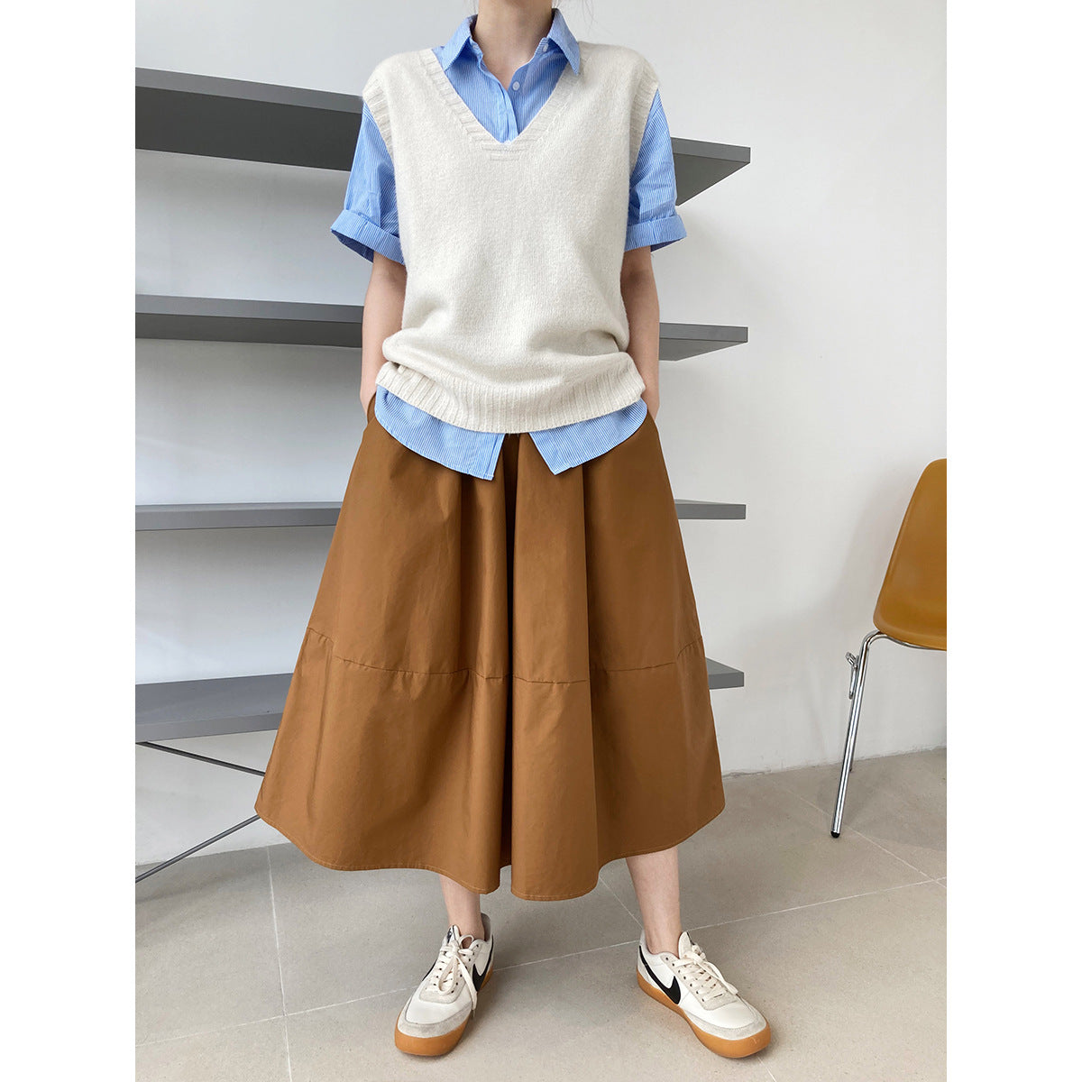 Luxi, the new autumn high-waisted and thin fluffy A-shaped skirt skirt, elastic waist medium and long swinging umbrella skirt 332