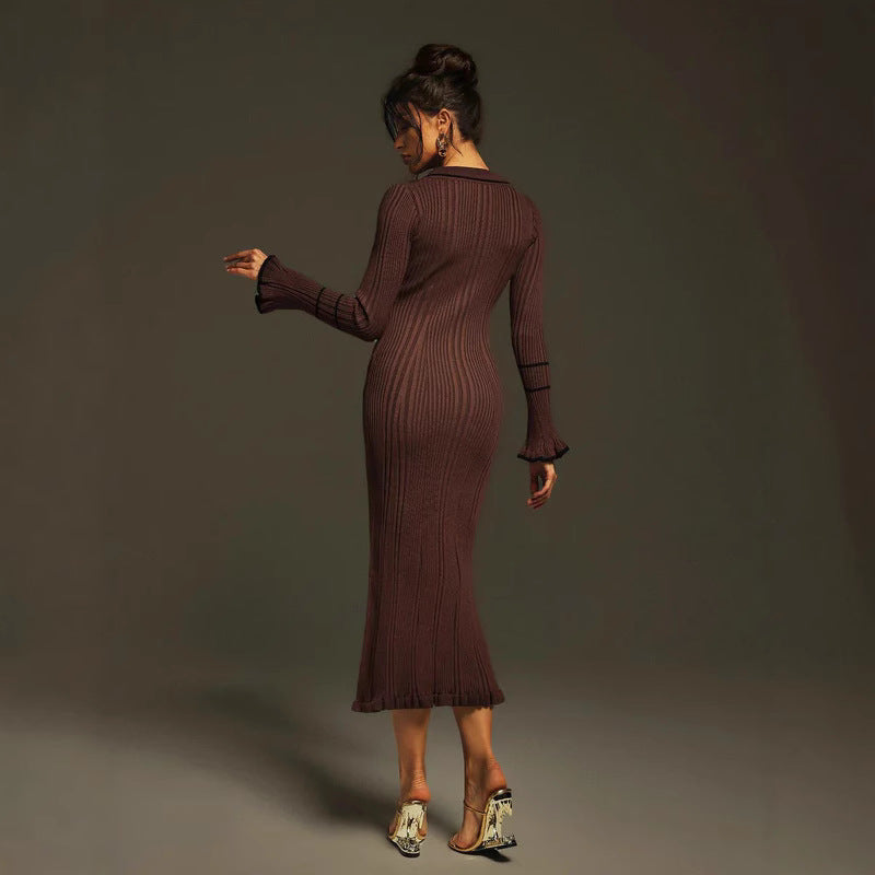 new  New Popular trade skirt women's clothing Spice Girl single-breasted long-sleeved knitted fishtail skirt dress women