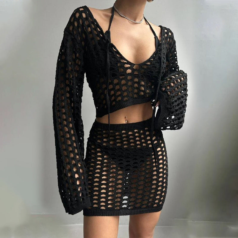 VLOVELAW 2025 popular summer new beach suit women's solid color sexy knitted stand-up collar bikini swimsuit blouse set