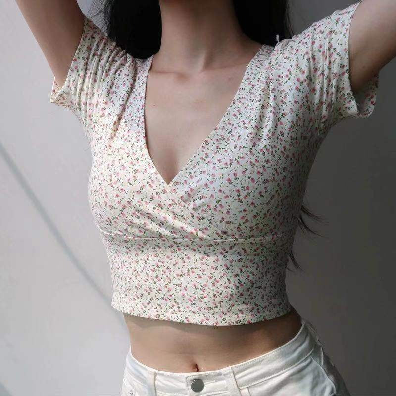 VLOVELAW New Floral Short Navel Elegant Top Women's Summer Slim Fit Slimming V-Neckline Short Sleeve Korean Style T-shirt Women's Fashion