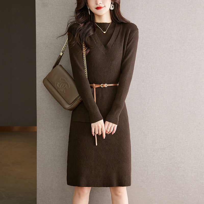 VLOVELAW elegant knitted sweater two-piece skirt autumn and winter new lace-up waist vest medium and long dress women