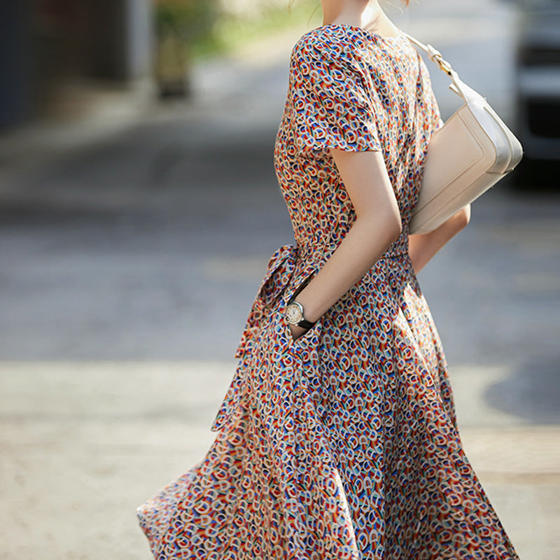 2025 Gentle floral skirt, high sense new printed summer women's clothing lace-up A-word medium and long dress summer