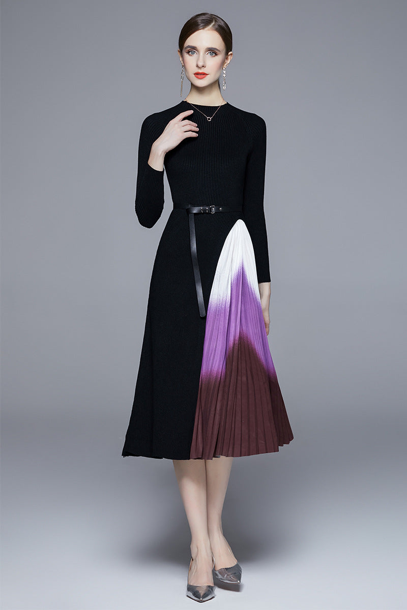 Knitted dress women's autumn and winter temperament slim and thin medium and long splicing gradual change of color pleated sweater skirt tide