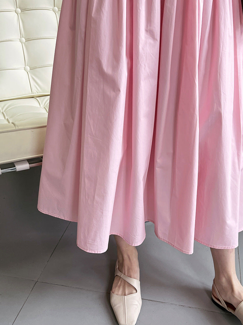 Luxi, pink high-waisted temperament design sense pleated big pendulum A-shaped skirt medium and long sweet umbrella skirt women 1626