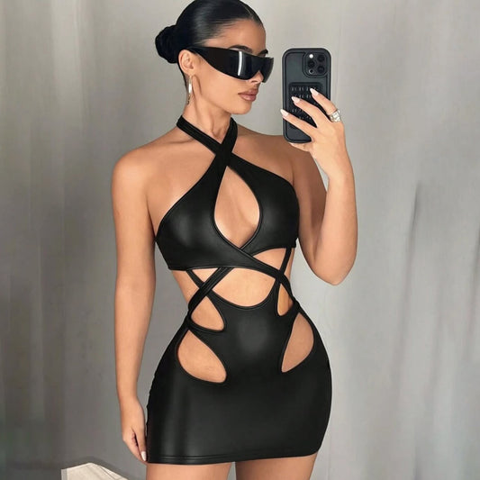 cross-hanging neck hollow sexy slim-fitting short skirt, thin hip-wrapped sleeveless Spice Girl trendy dress ins style