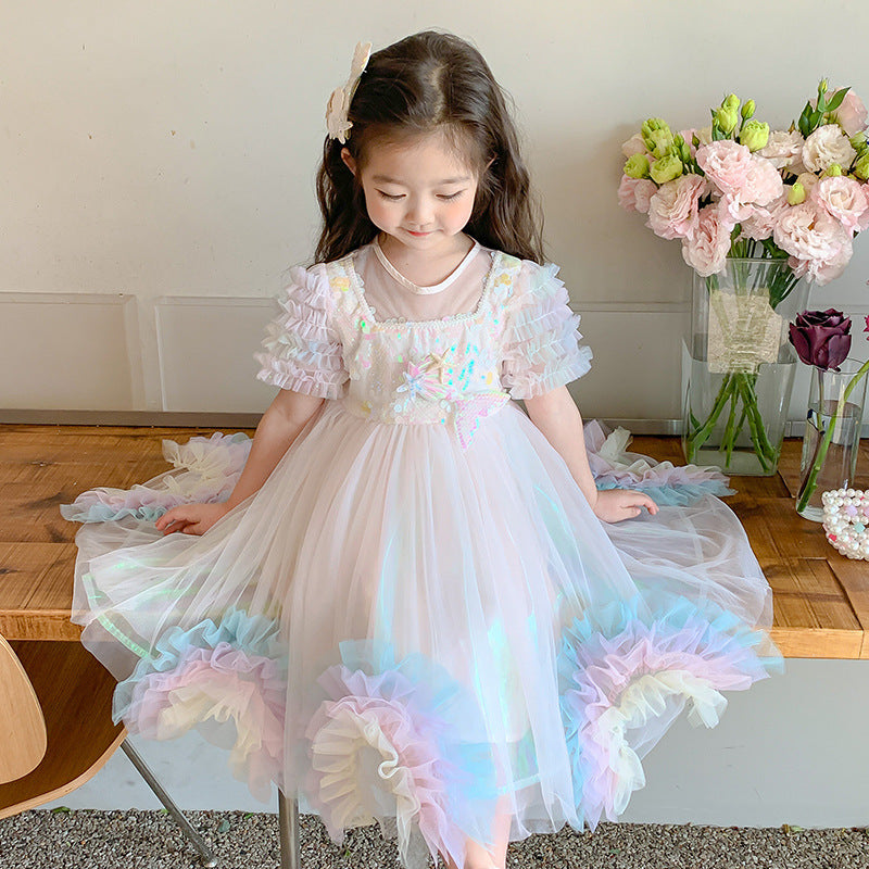 VLOVELAW Girl's Mermaid Princess Dress Summer New Girl's Western Style Fashion Pettiskirt Summer Children's Dress
