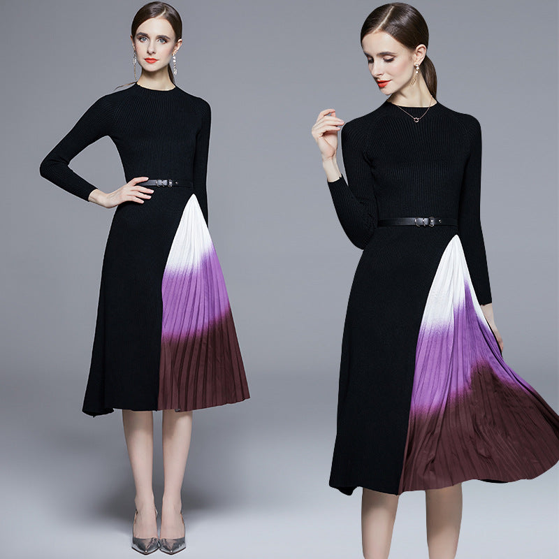 Knitted dress women's autumn and winter temperament slim and thin medium and long splicing gradual change of color pleated sweater skirt tide
