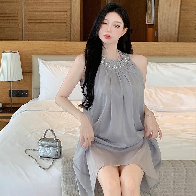 2025 2025 summer new sleeveless high-end heavy industry bead neck holiday style dress popular small dress skirt